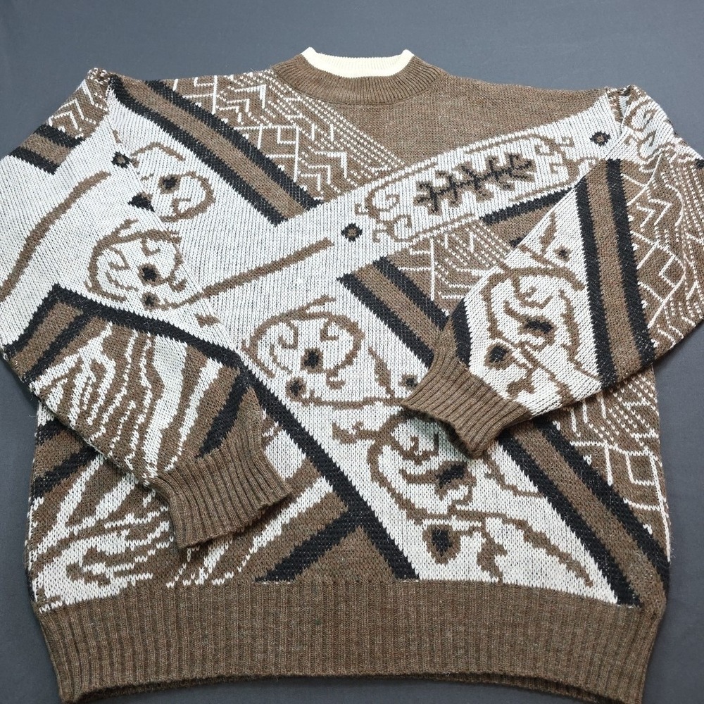 Vintage Gian Alberto Sweater Mens M/L‎ Wool Blend Geometric Brown Black Cream